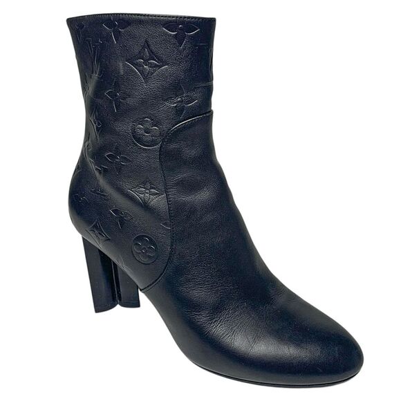 Louis Vuitton Silhouette Black Leather Monogram Flower Heel Ankle Boots Size 38 - Picture 1 of 13